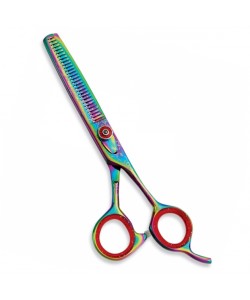 Thinning Scissor. Double Blade Teeth. Plastic Handle. Satin Finish.